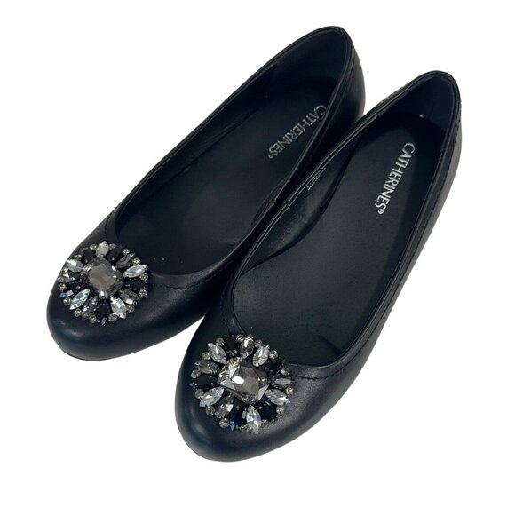 CATHERINES Women's 9 WIDE Black Wedge Slip On Shoes Comfy  Embellishment - Picture 8 of 10